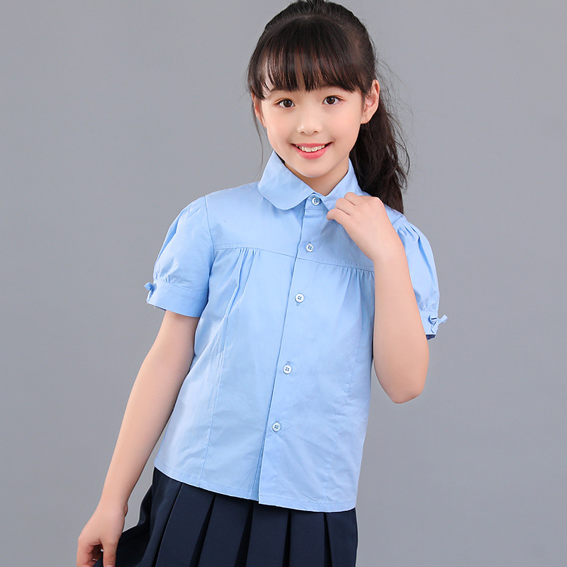 女童公主夏季纯棉校服演出小学生女孩蓝色白衬衫校服