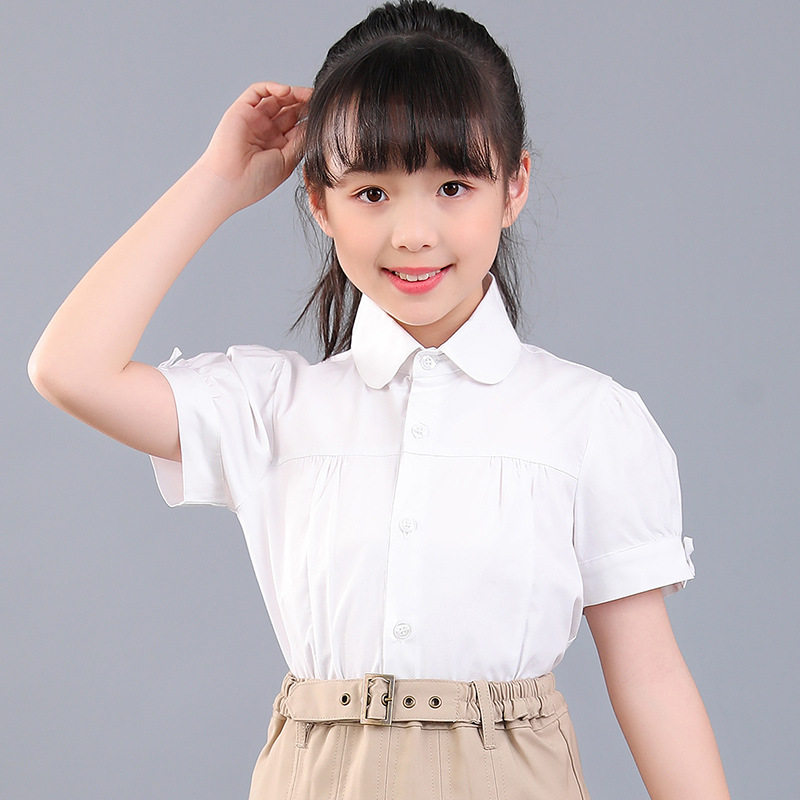 女童公主夏季纯棉校服演出小学生女孩蓝色白衬衫校服