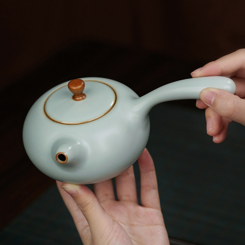 汝窑侧把壶单壶原矿冰裂釉陶瓷景德镇茶壶泡茶家用简约青瓷礼盒装
