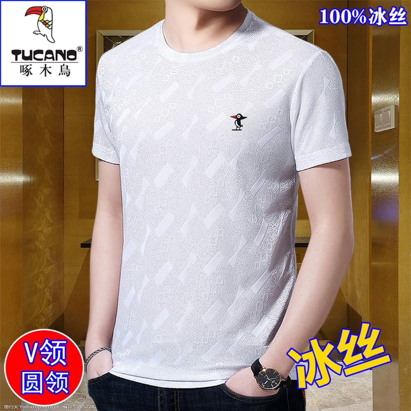 啄木鸟冰丝短袖t恤男夏季圆领半袖夏装中青年新款潮流桑蚕丝体恤V