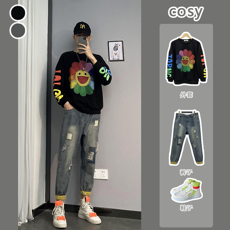 【套装】男士宽松太阳花潮流套头圆领卫衣港风chic春天潮男打底衫