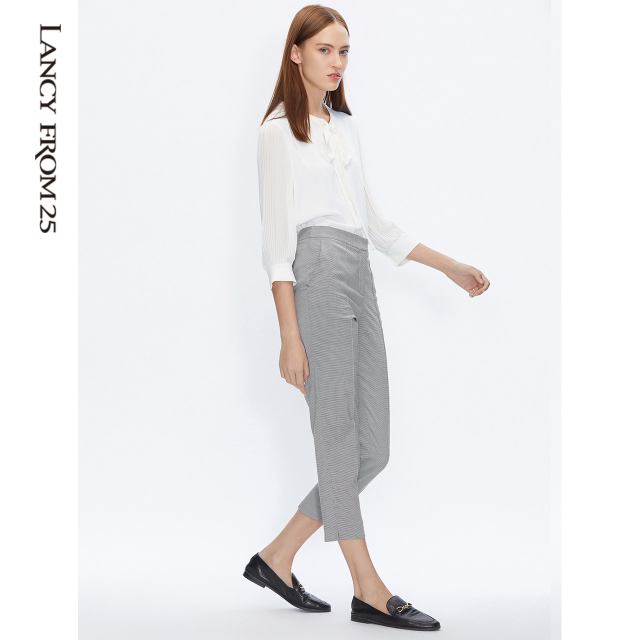 朗姿女裤2020年春季新款复古千鸟格纹微弹薄款九分休闲裤