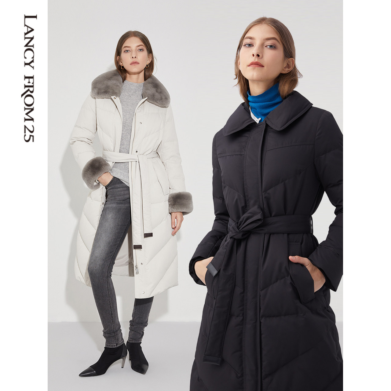 朗姿獭兔真毛毛领鹅绒服女秋冬奥莱新款长款羽绒服