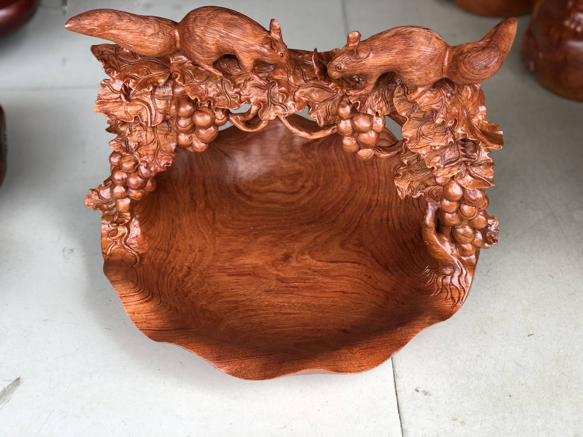 红木工艺品木雕花梨花篮硕果累累果盘摆件花鸟雕刻木雕