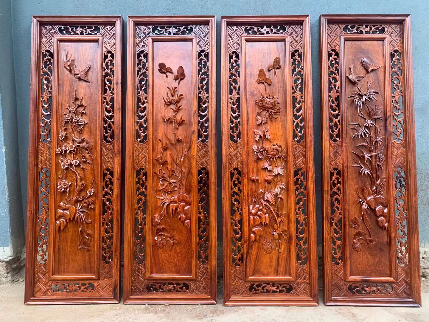 红木黄花梨木梅兰竹菊深雕挂屏大果紫檀整木浮雕梅兰竹菊屏风