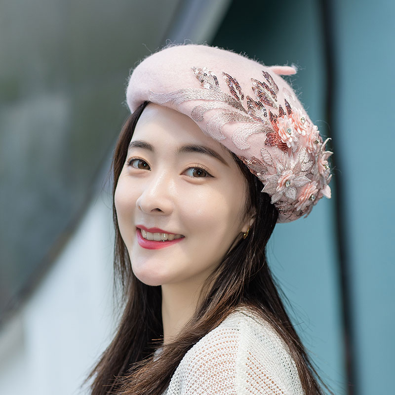 森女高品质贝雷帽羊毛毛呢蓓蕾秋冬文艺日系蕾丝帽子