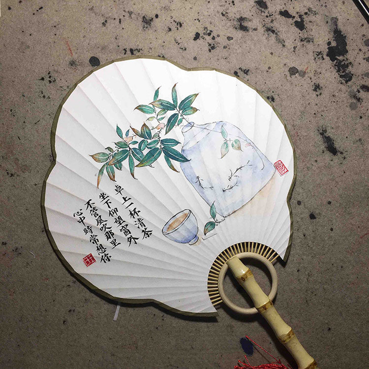 宣纸中国国风团扇手绘书法半生绢扇工艺海棠扇子