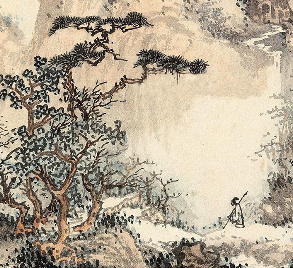 溥儒曾幼荷幽山访圣29x33仿古古画复制团扇山水画国画