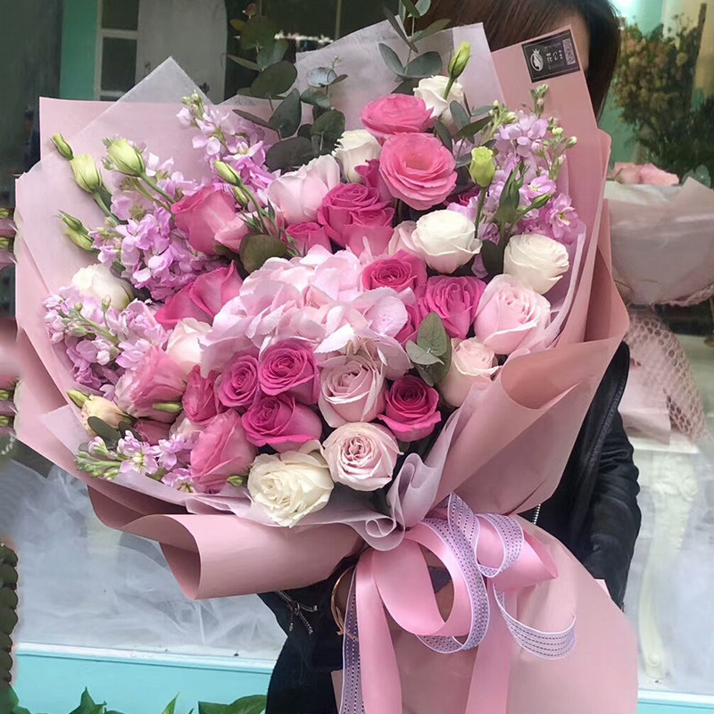昆明同城鲜花速递520情人节红玫瑰表白99朵粉红玫瑰韩式 生日花束
