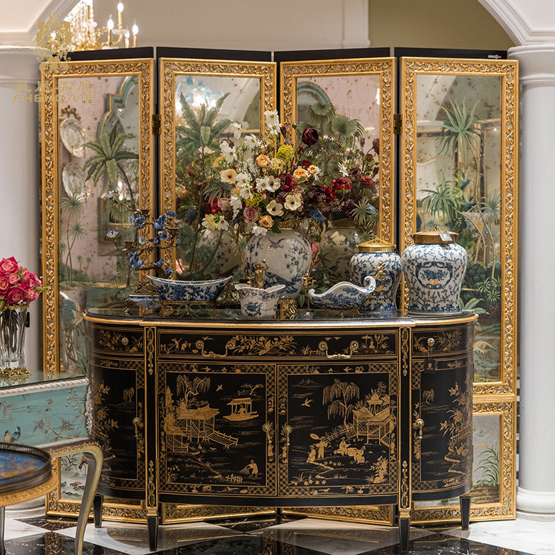 别墅凤凰美居奢华欧式法式手绘彩绘隔断客厅屏风折屏