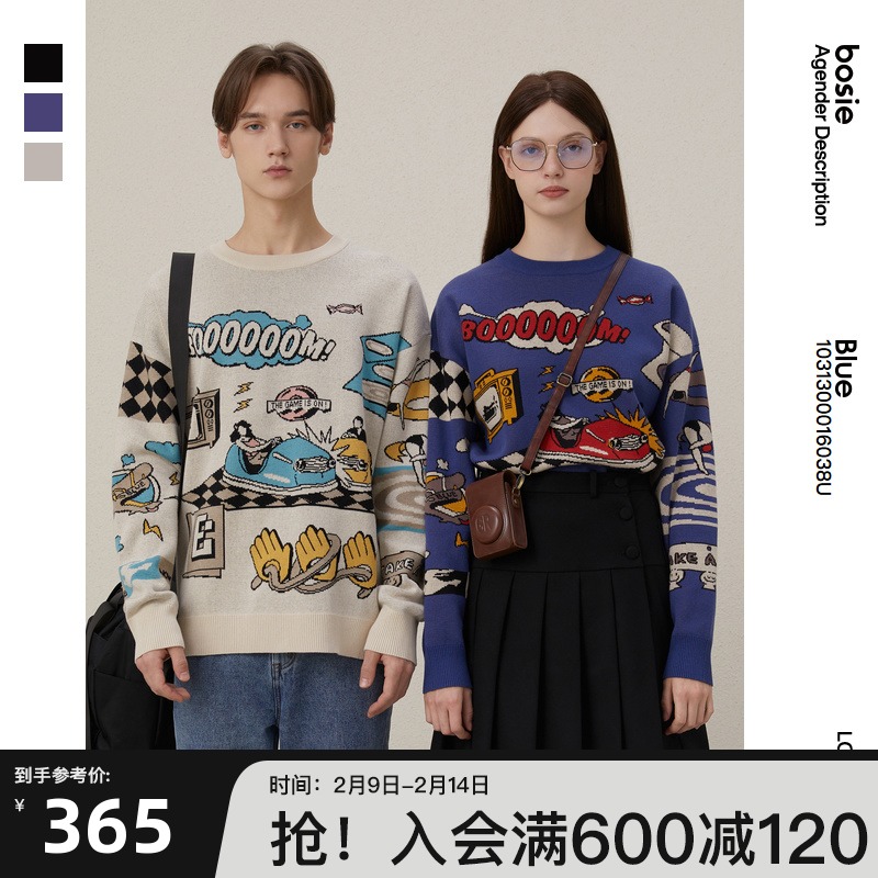 bosie Blue2022年春季新款毛衣男趣味复古学院风动漫国潮情侣毛衣