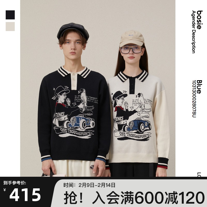 bosie Blue2022年春季新款复古街头流行插画针织衫提花工艺毛衣潮