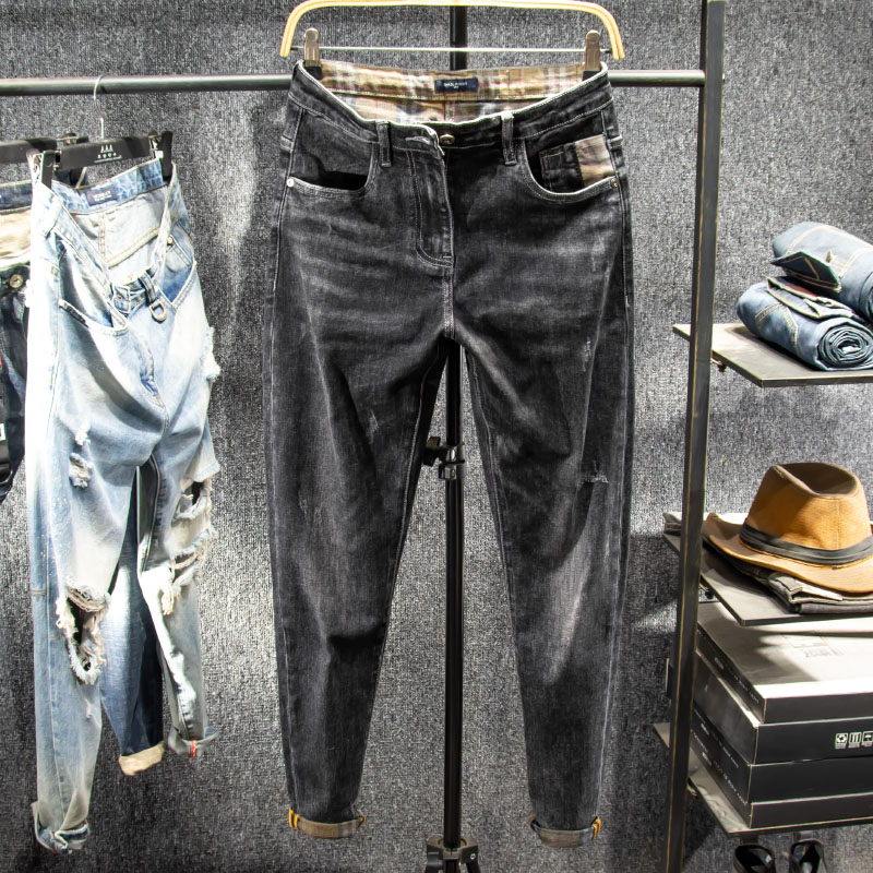 秋冬季百搭牛仔裤韩版青少年潮男装哈伦裤弹力直筒长裤子小脚黑灰
