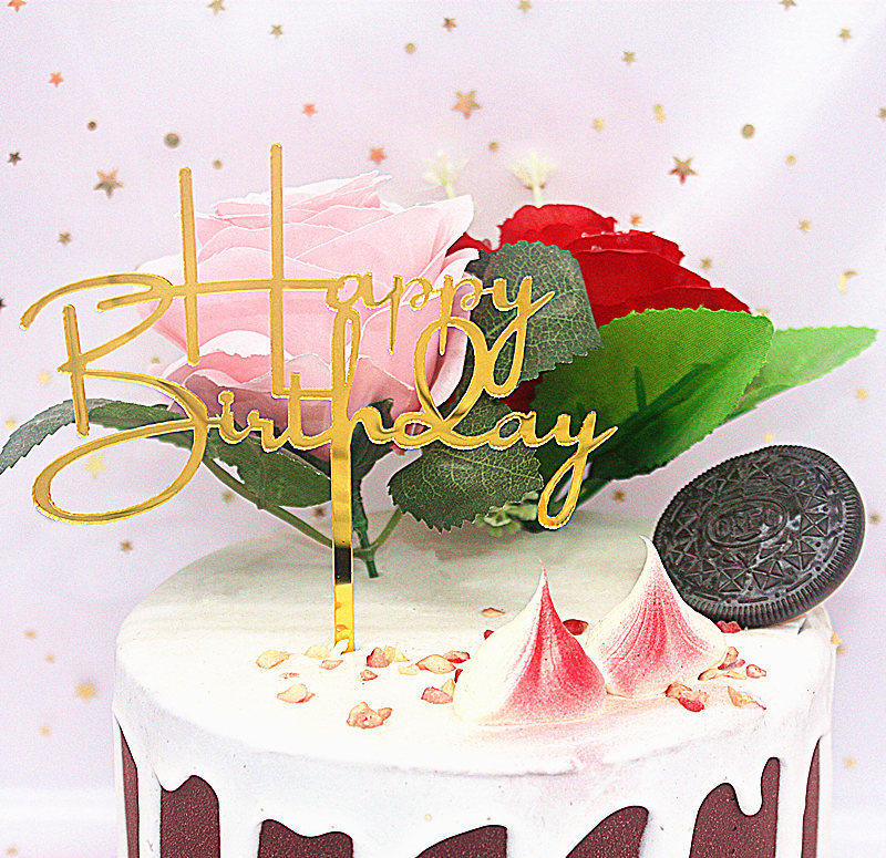 插牌生日快乐蛋糕手写英文happybirthday亚克力仿真节日装扮用品