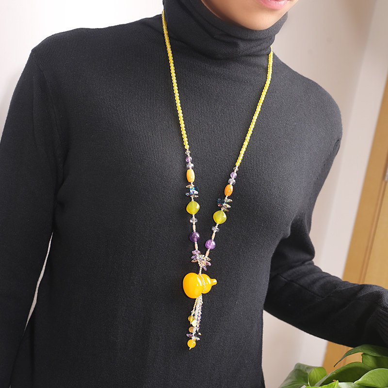 天然紫水晶黄玉玛瑙毛衣链女长款百搭简约玉髓项链