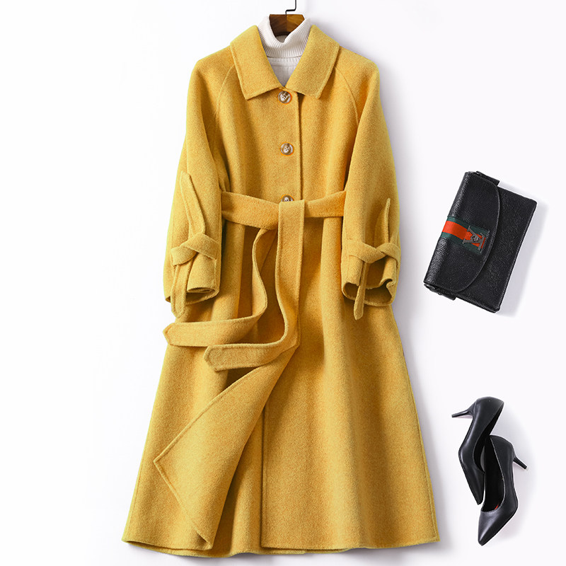 2020新款双面尼手工羊毛大衣女外套长款零羊绒修身系带娃娃领韩版