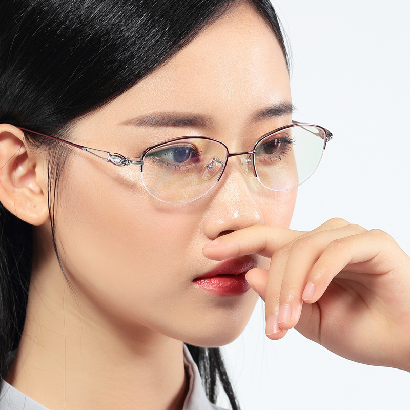 高端商务白领眼镜框女近视镜半框网红紫色金色红色纯钛眼镜中小脸