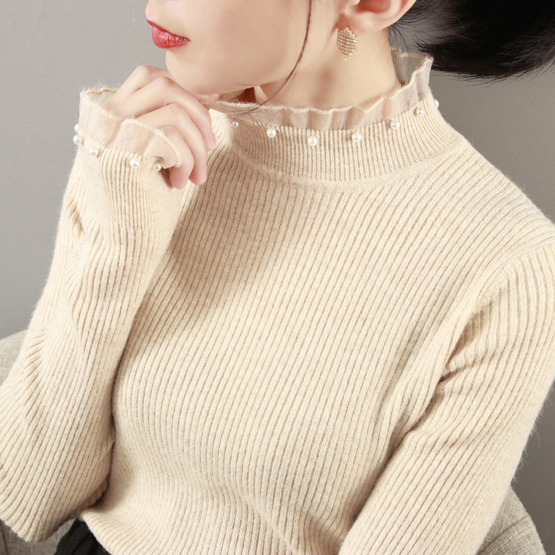 半高高领打底衫女秋冬新款领口蕾丝毛衣内搭毛衣