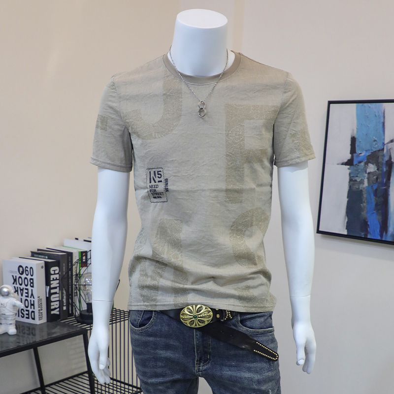 2022新款薄款棉麻t恤短袖男韩版潮流棉麻印花青年百搭时尚个性潮