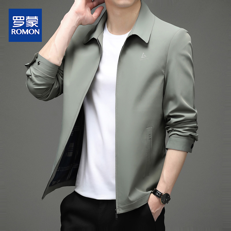 罗蒙夹克衫男宽松百搭新款商务休闲外套中青年翻领茄克上衣男装潮