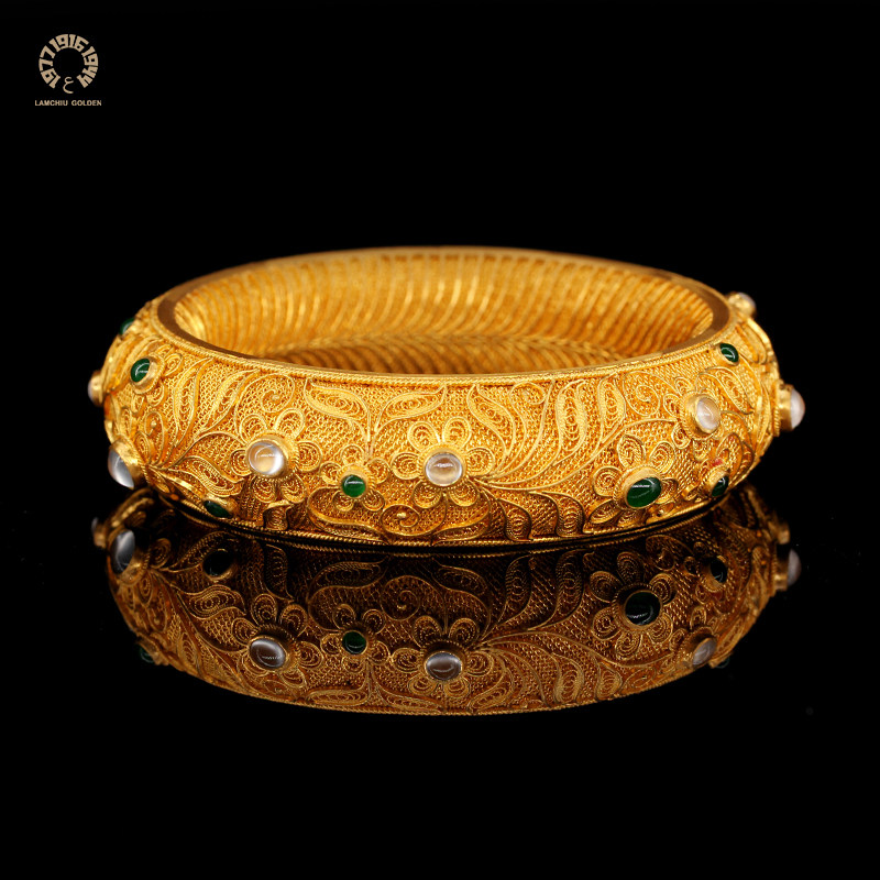 琳朝珠宝新品古法黄金黄金花花丝镶嵌手镯翠意手饰
