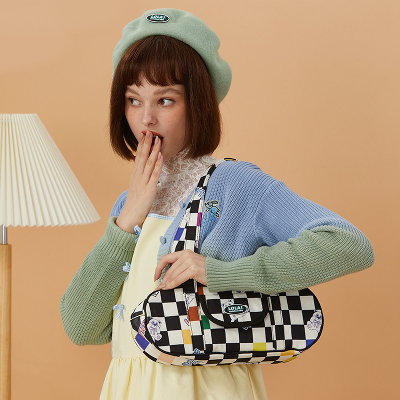 loladesign棋盘格单肩腋下包ins风法棍包包小众学院风小包女