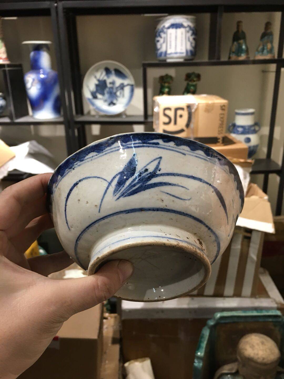 晚清民国青花兰花花纹葵口碗包老保真收藏怀旧文房四宝