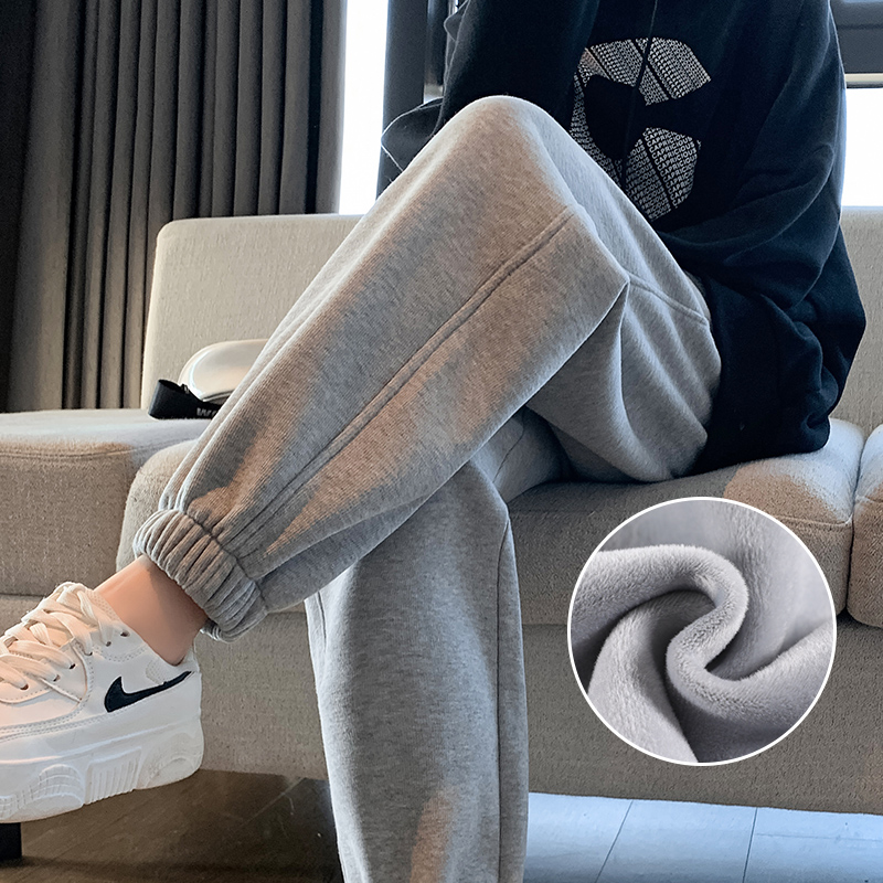加绒运动裤女秋冬灰色ins潮加厚外穿休闲裤子宽松束脚小个子卫裤