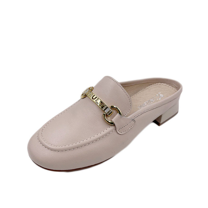 菱光女鞋2023夏季新款真皮马衔扣包头平底穆勒包头拖