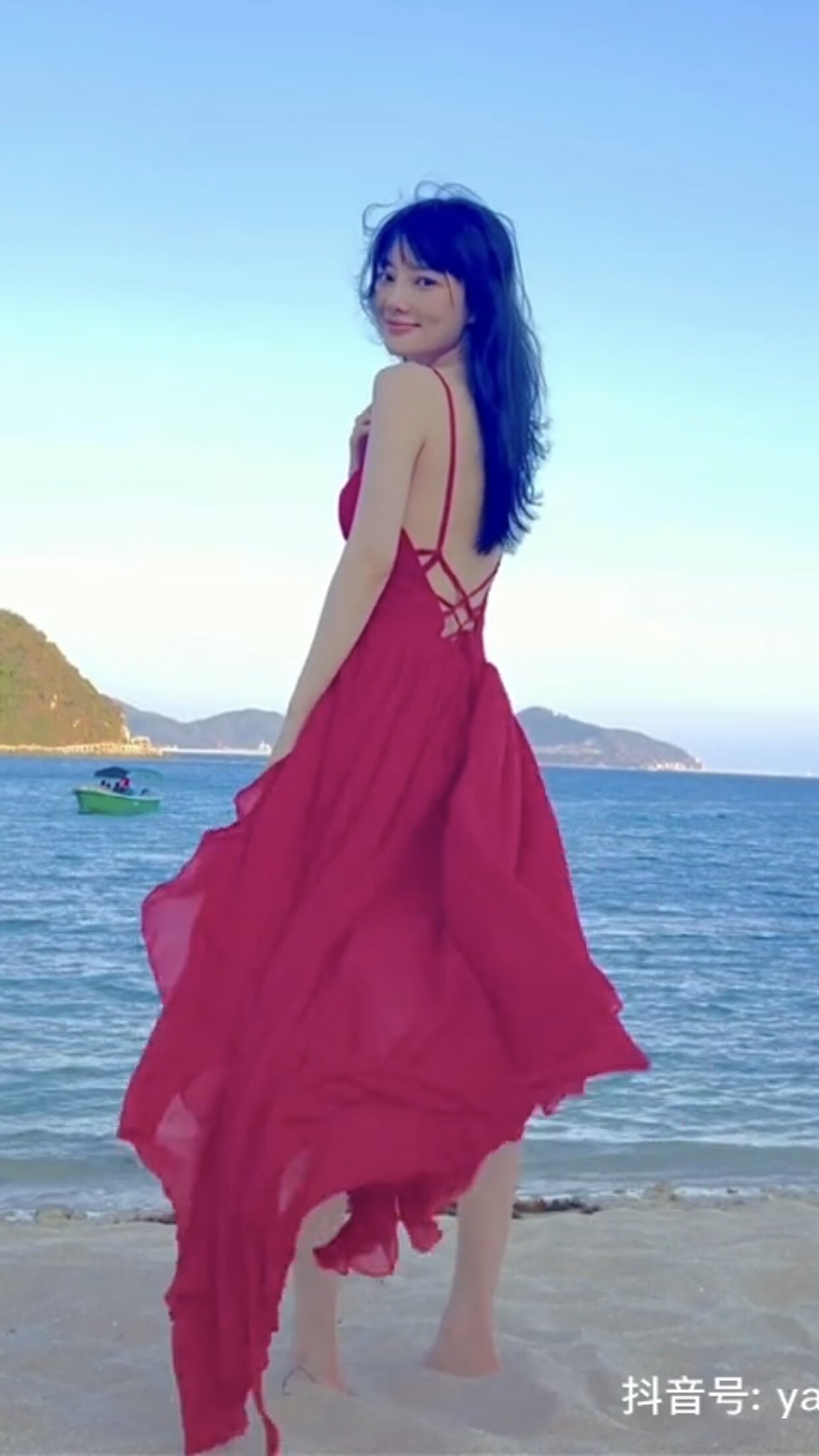 抖音李小璐同款红色露背连衣裙夏季性感高腰吊带连衣裙