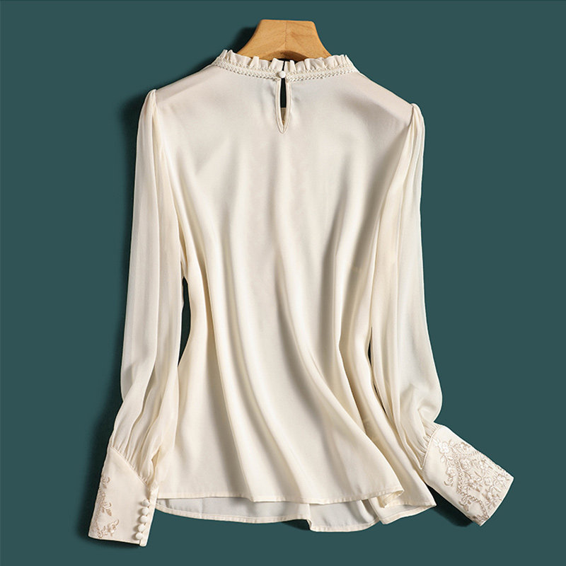 中国风刺绣真丝衬衫女春秋高级感长袖桑蚕丝衬衣别致漂亮小衫上衣