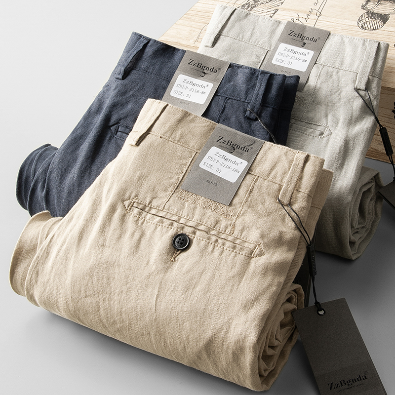 进口法国亚麻休闲裤男夏季薄款超薄透气直筒宽松字母刺绣休闲长裤