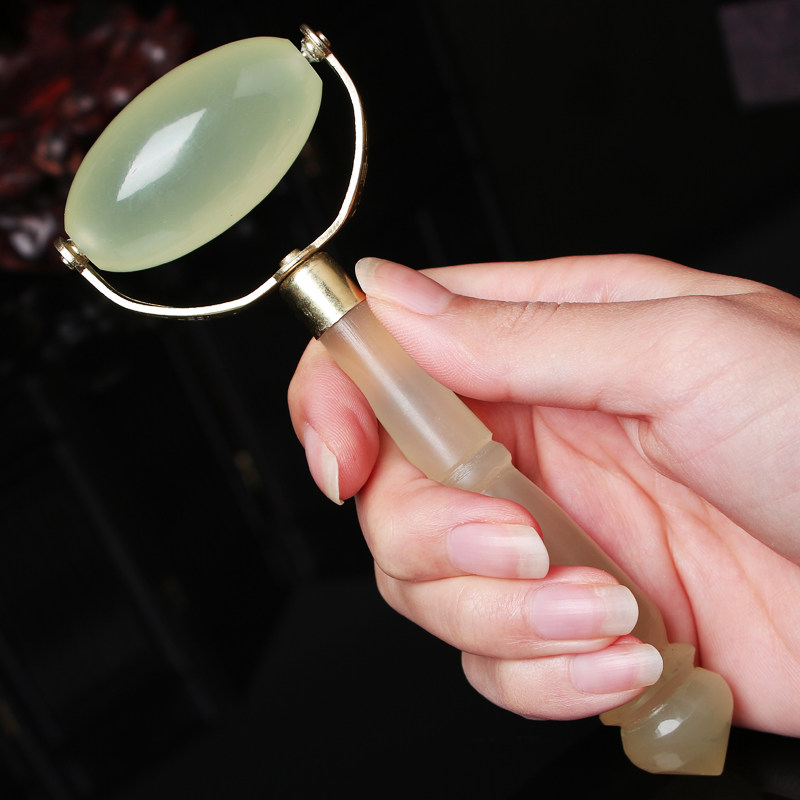 天然玉石美容器单头玉滚轮大号精雕把手圆润冰透其它按摩器材