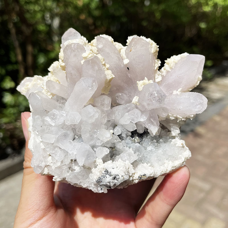 天然湖北粉红红水晶共生白云石晶簇摆件矿物晶体奇石