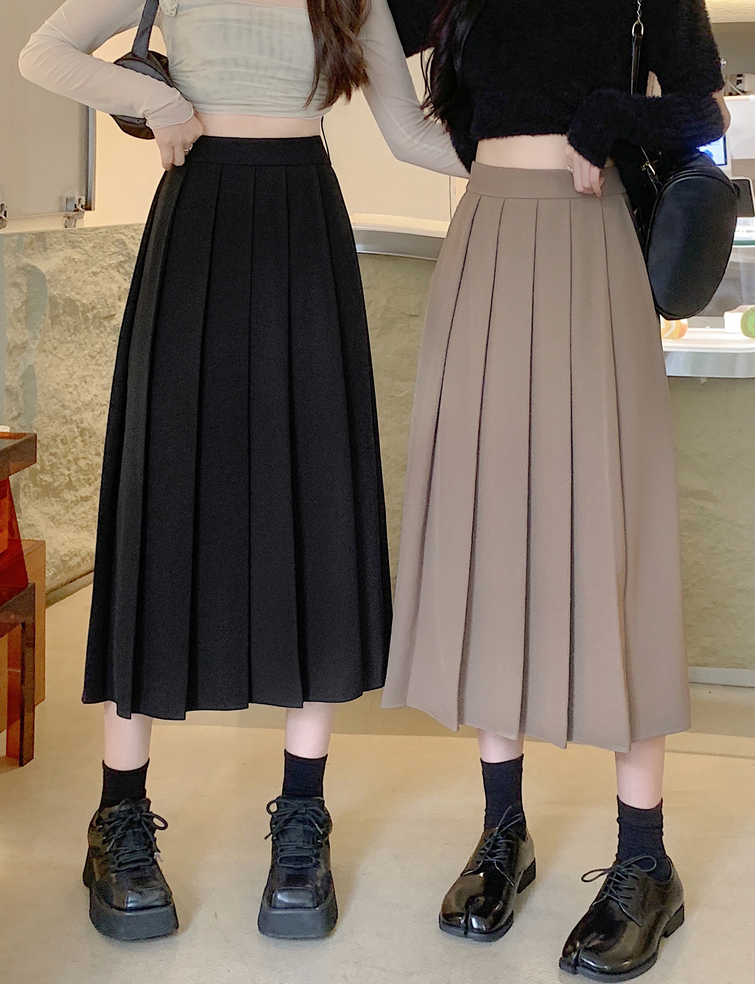 大码秋冬中长款百褶半身裙女胖mm高腰垂感a字裙百搭长裙