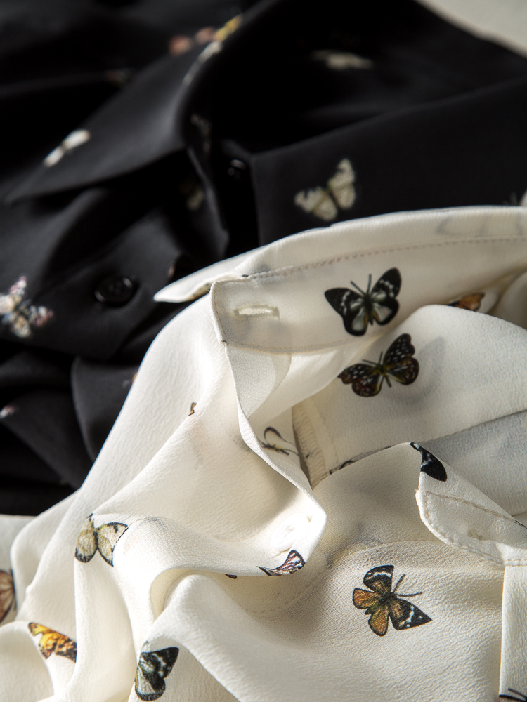 出口单翩翩起舞蝴蝶印花100%真丝双绉宽松显瘦长袖衬衫女2022春新