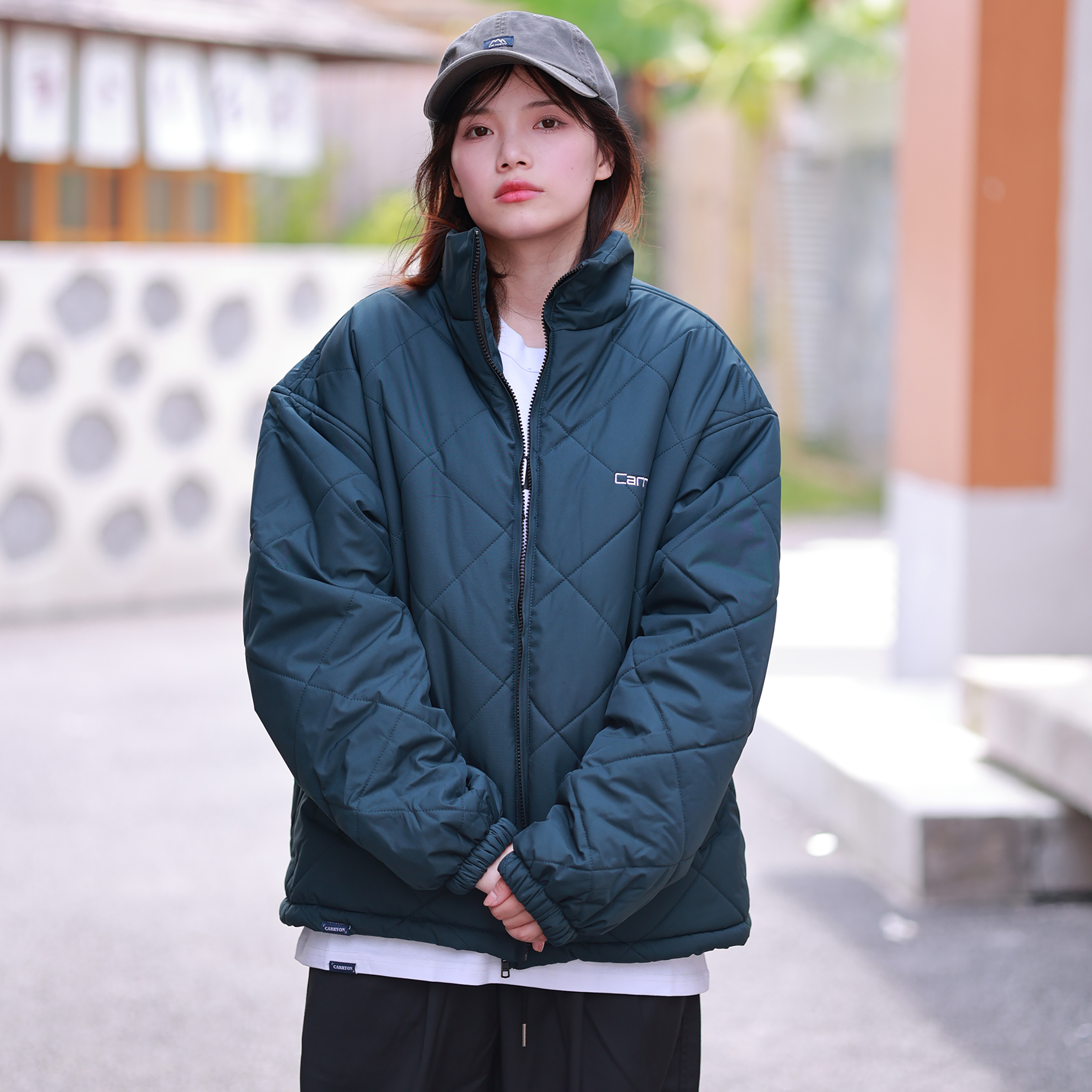 CARRYON 21AW菱形格翻立领防风加厚防水保暖复古棉服衣宽松外套冬