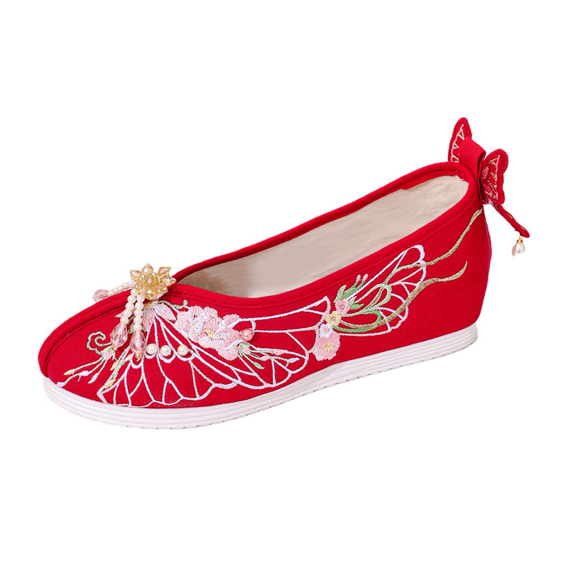 红色绣花鞋平底秀禾布鞋古风中式婚鞋古装蝴蝶结布鞋