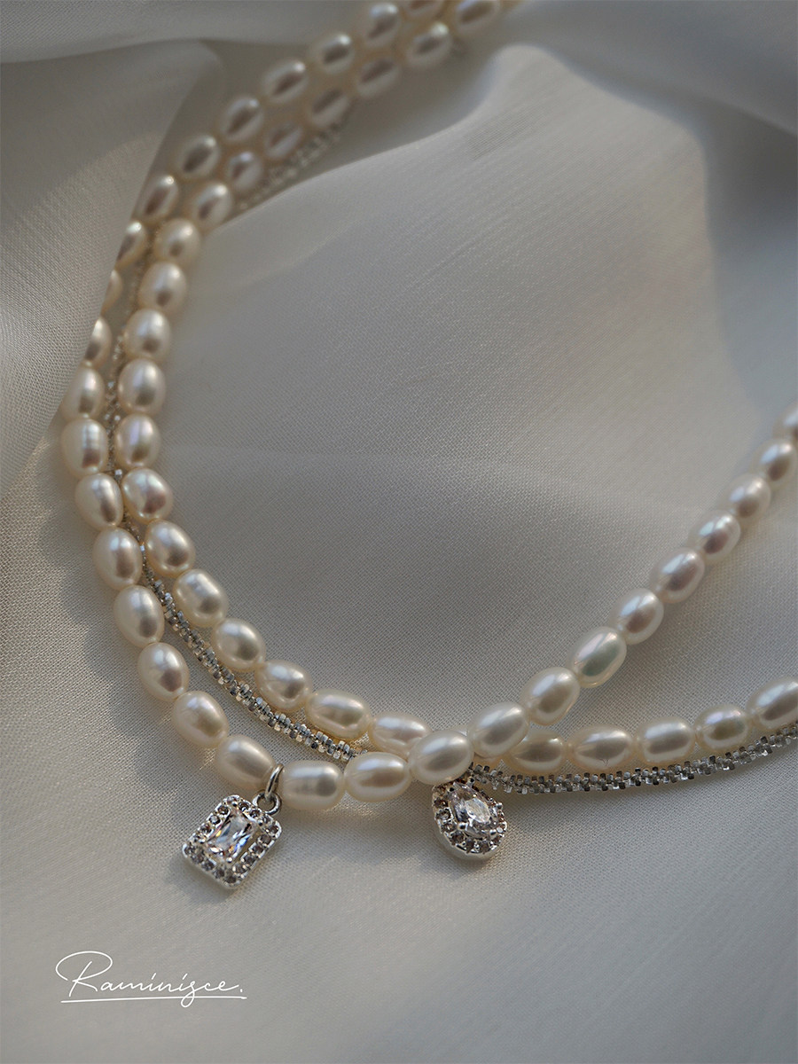 raminisce复古闪亮锆石天然淡水珍珠米珠项链项链