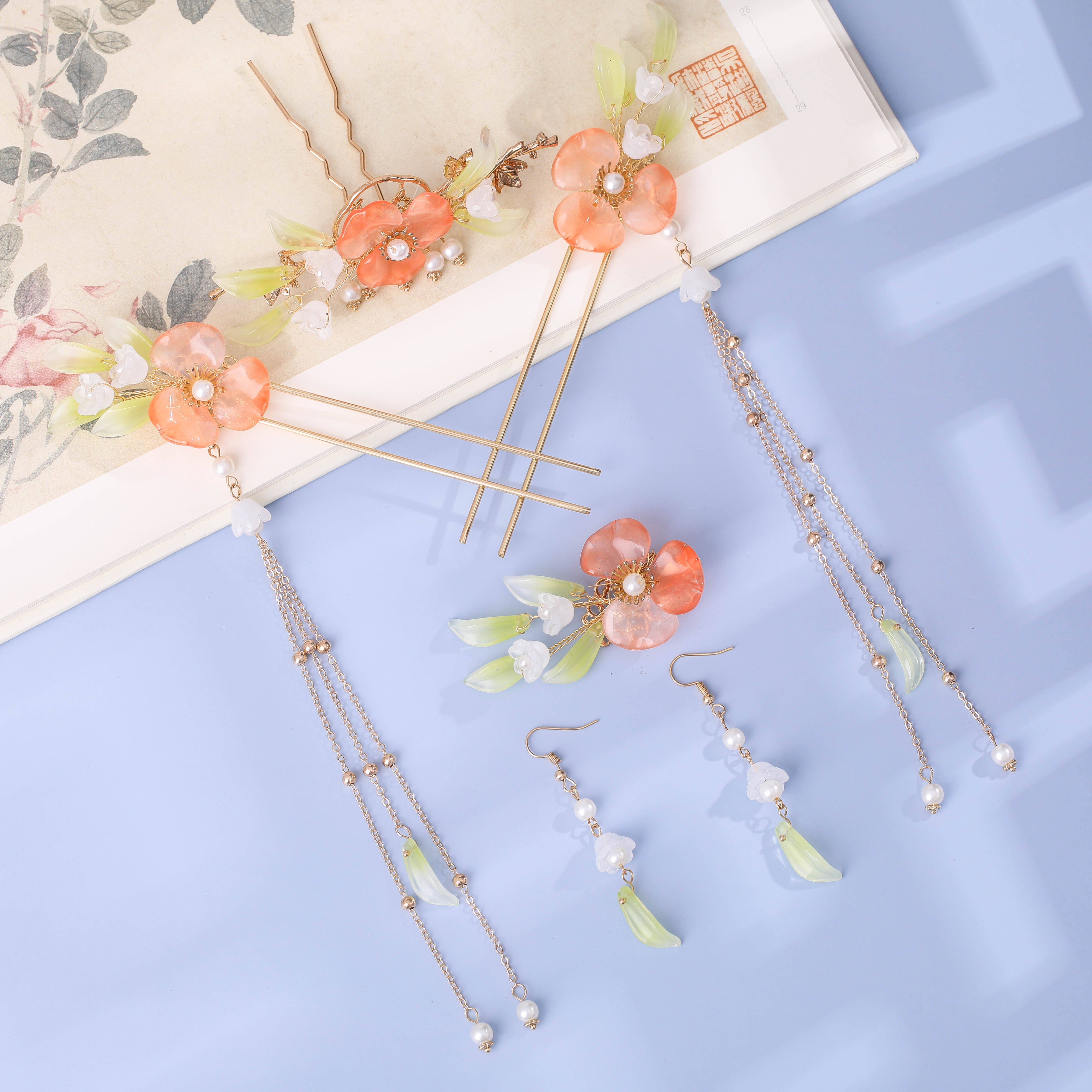 古风头饰套装海棠花汉服流苏步摇发簪发梳珍珠发饰