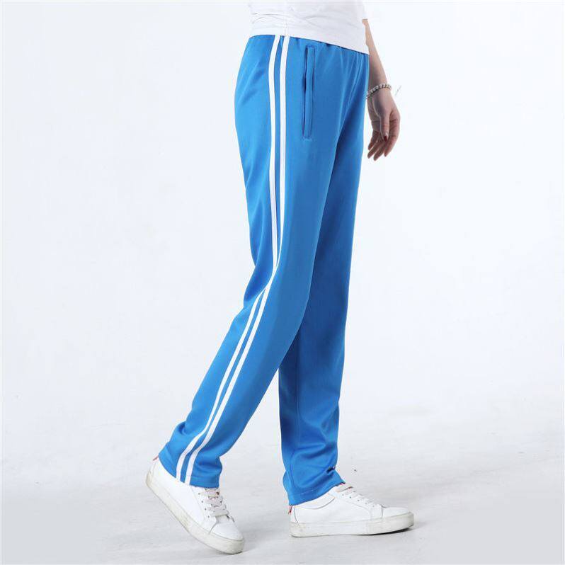 天蓝色校服裤子冬款加绒光滑白条夏季中学生胖款运动长裤