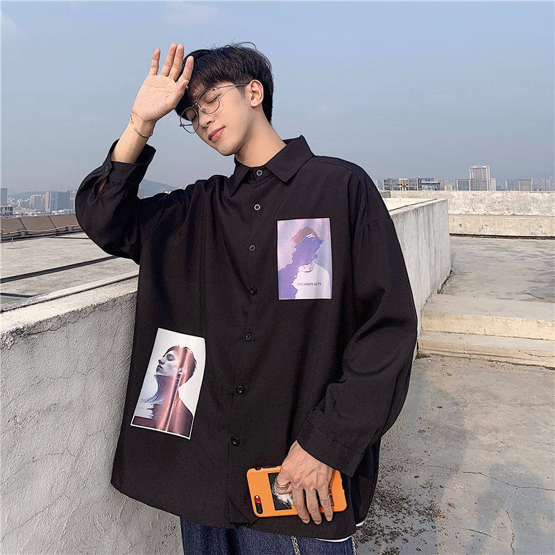 很仙的衬衫bf风男士秋季韩版潮流宽松ins衬衣外套帅气长袖上衣服