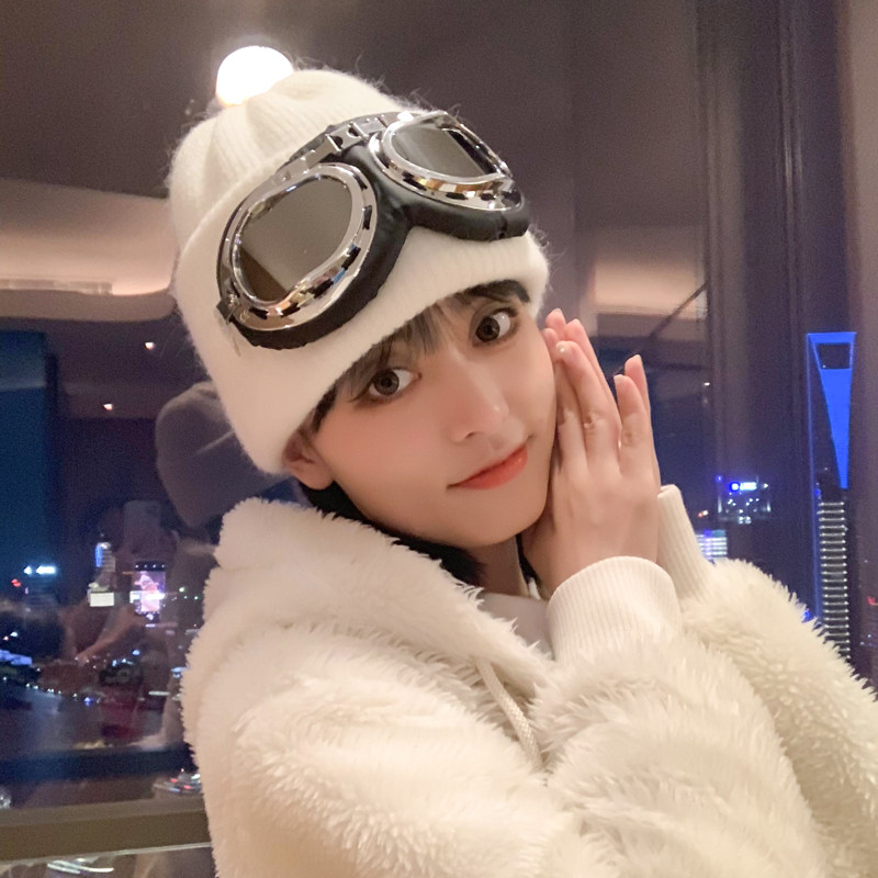 黑色滑雪帽女毛线时尚飞行员针织冬天冬季带眼镜帽子