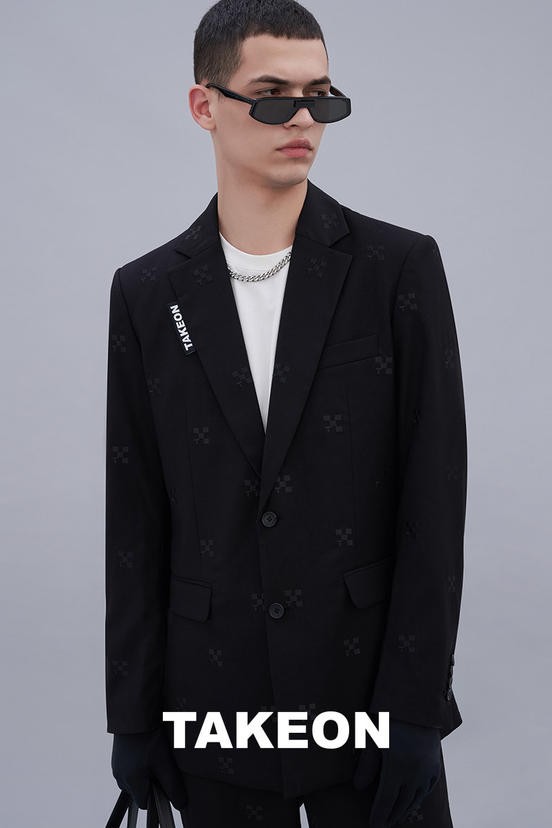 takeon赞多同款男款中长黑色棋盘格暗纹休闲西装西服
