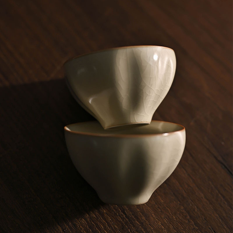 景德镇官汝窑天青豆黄开片釉花型斗笠杯中茶杯主人茶杯