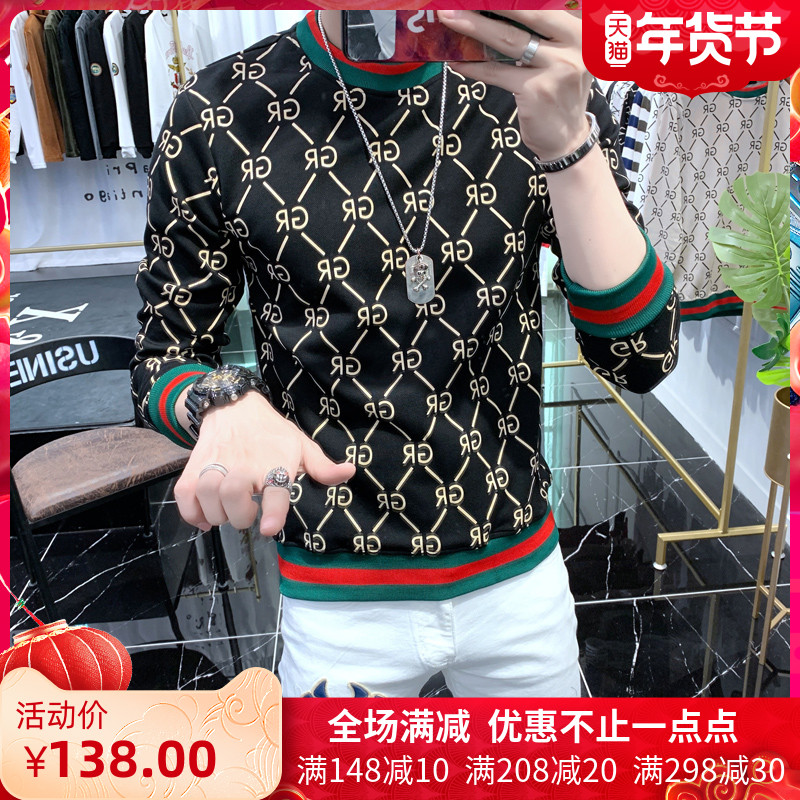 欧洲站秋季新品ins卫衣男潮牌修身撞色打底衫圆领套头长袖t恤印花