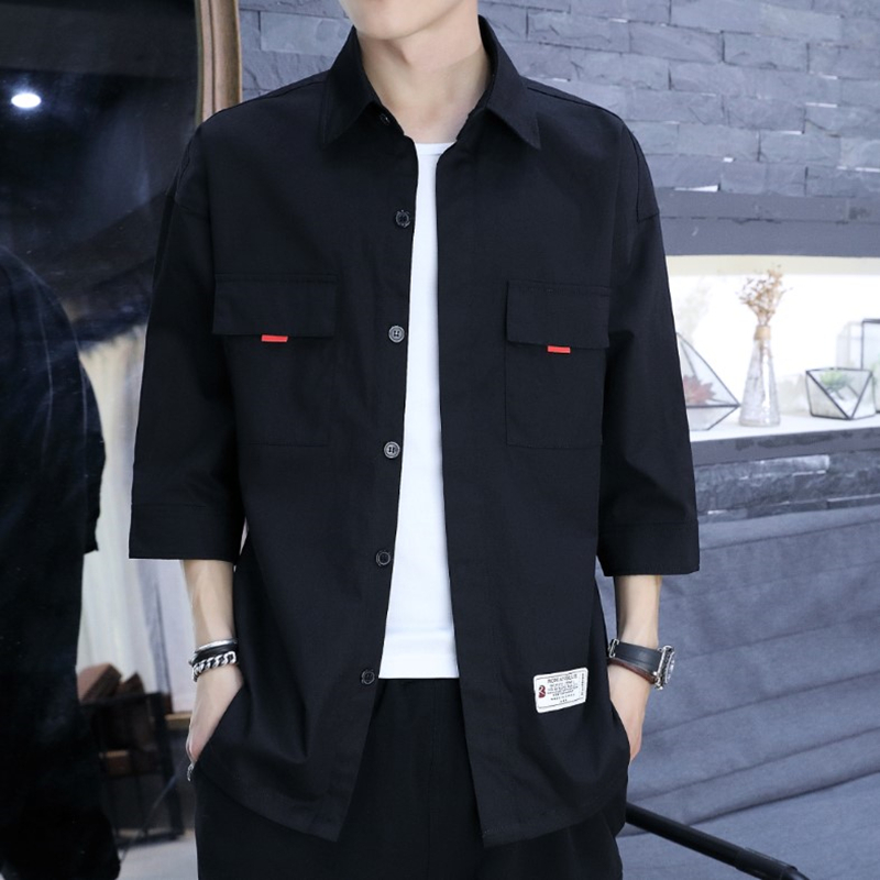 夏季短袖衬衫男士宽松工装七分袖衬衣韩版潮流帅气长袖潮牌寸衫衣
