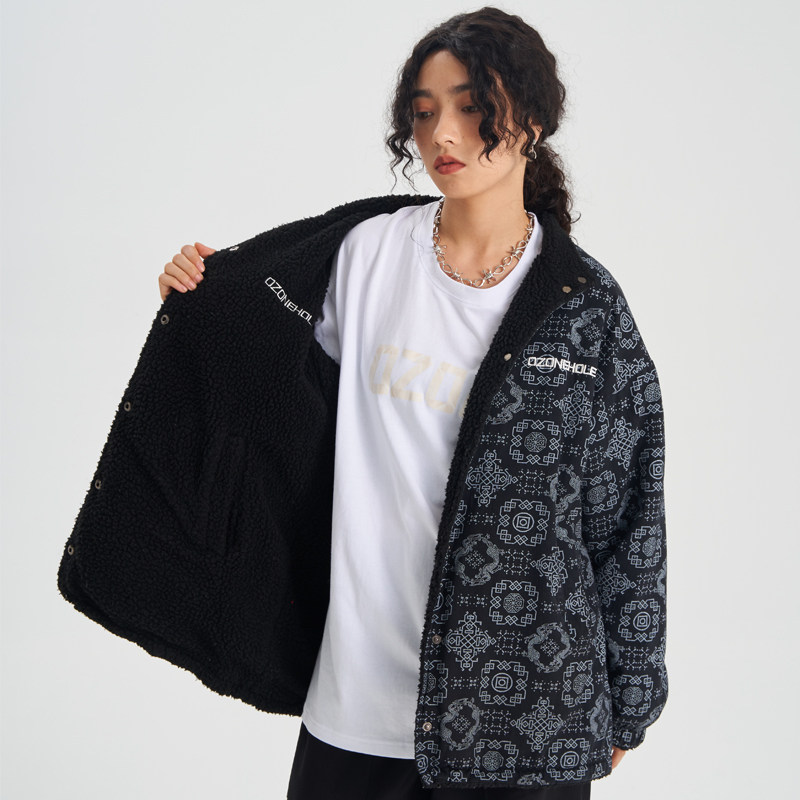 ozonehole丝绸满印暗双面外套冬厚款棉衣男女国潮棉衣