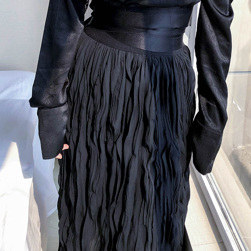 十早自制法式复古百褶波浪chic新款宽松长裙半身裙