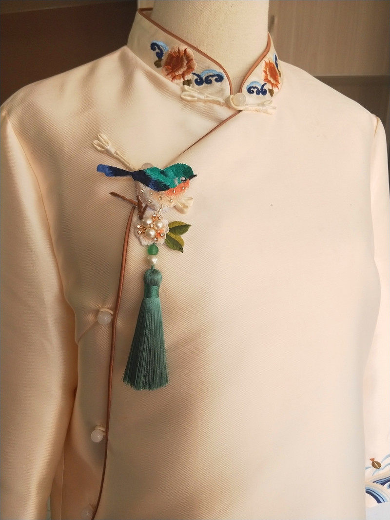 压襟旗袍流苏胸针刺绣小鸟配饰挂件胸针